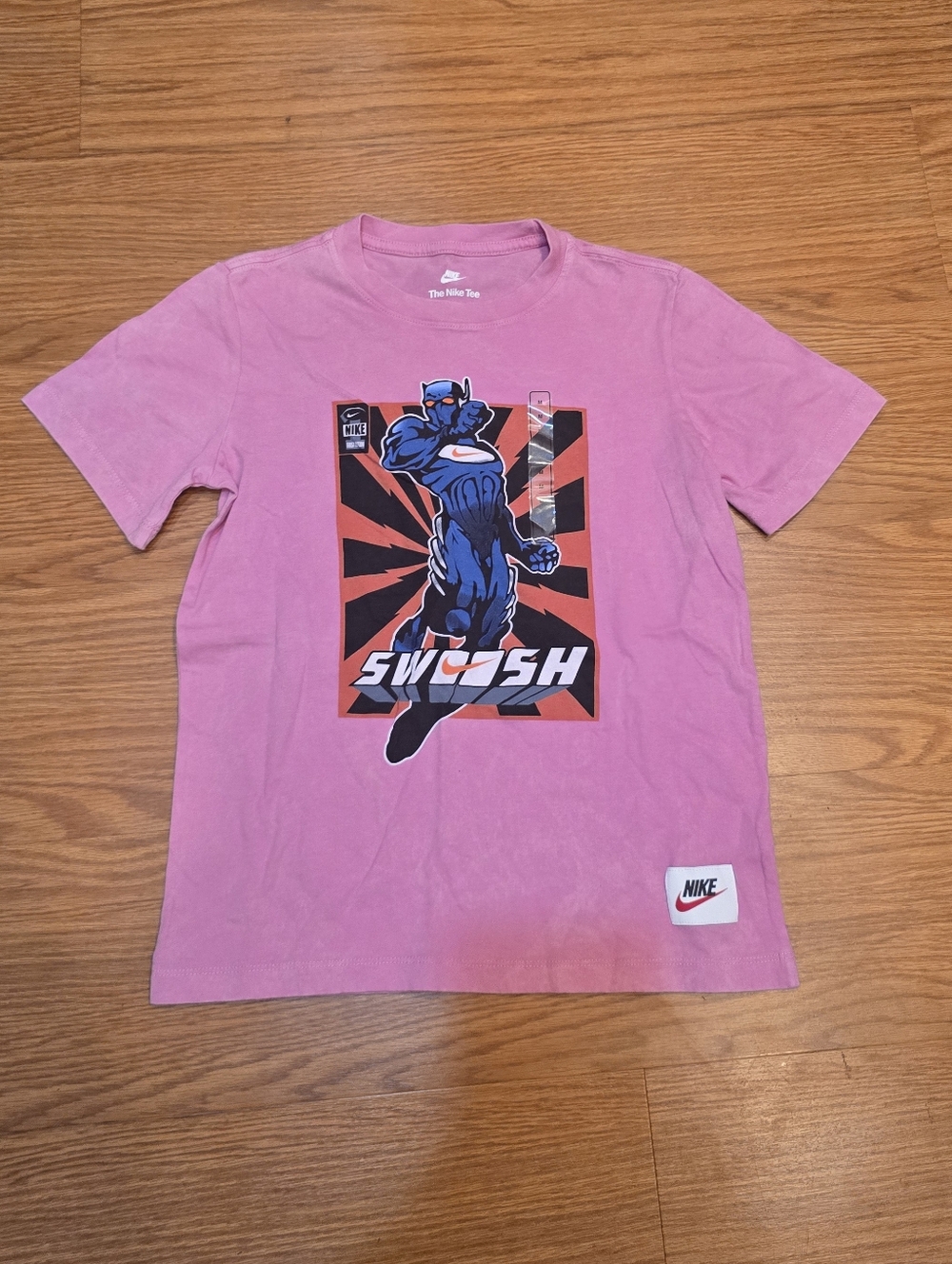 New Nike Kids Pink Acid Wash Superhero Swoosh Graphic T-Shirt HQ3231-646 Med Sma